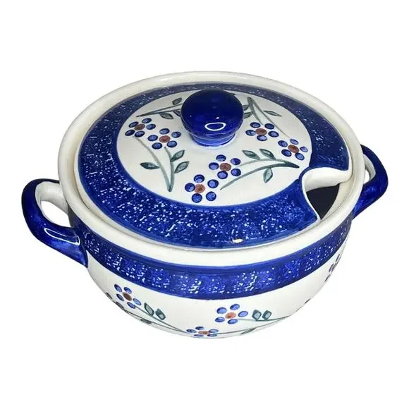 VTG Wiza Poland COVERED DISH Sugar Bowl Gravy Mini Crock Handles Polish Pottery - Picture 2 of 6